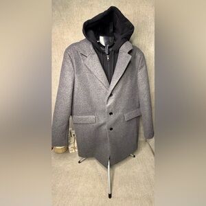 NWT DKNY Men’s Charcoal Wool Blend Pea Coat w/ Removable Hood XL MSRP $295